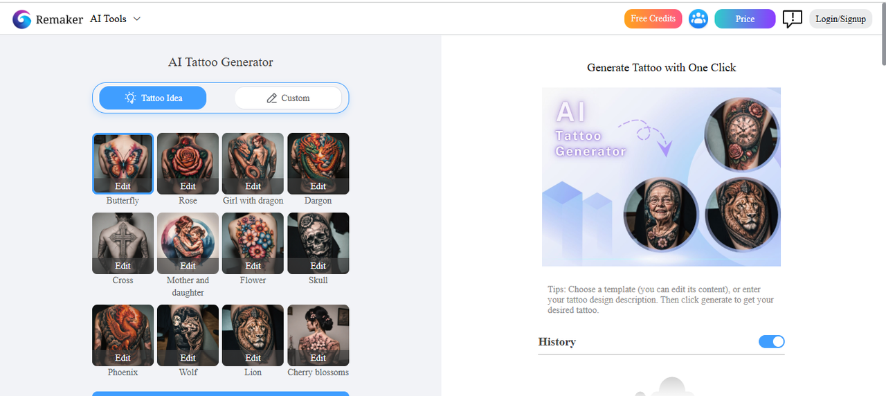 Interface of Remaker AI—the Free AI Tattoo Generator