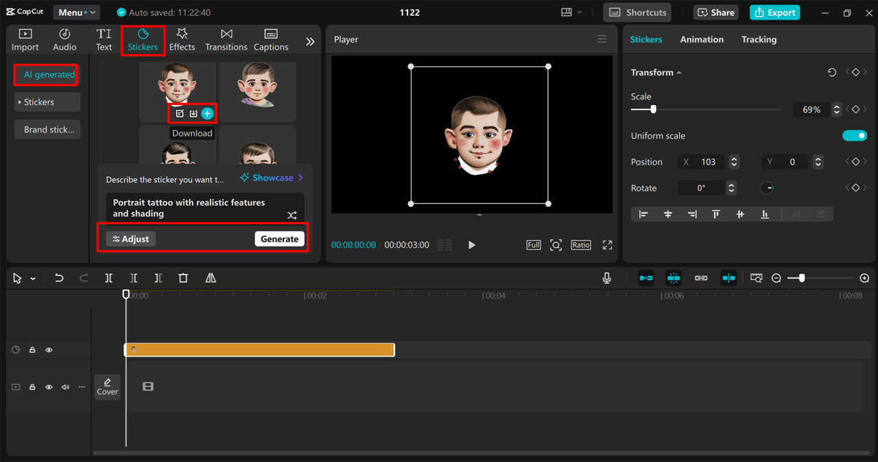 Using an AI sticker generator to make a tattoo design in the CapCut desktop video editor