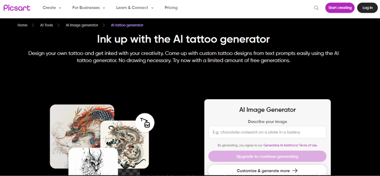 Interface of Picsart -the best online AI art generator for tattoo 