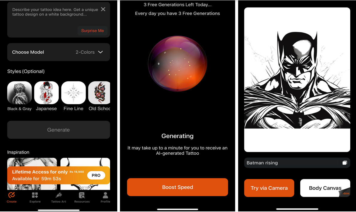 Interface of AI Tattoo Generator and Maker - the best tattoo AI generator for mobile