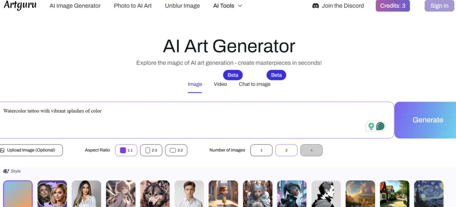 Interface of Artguru - best online AI tattoo generator