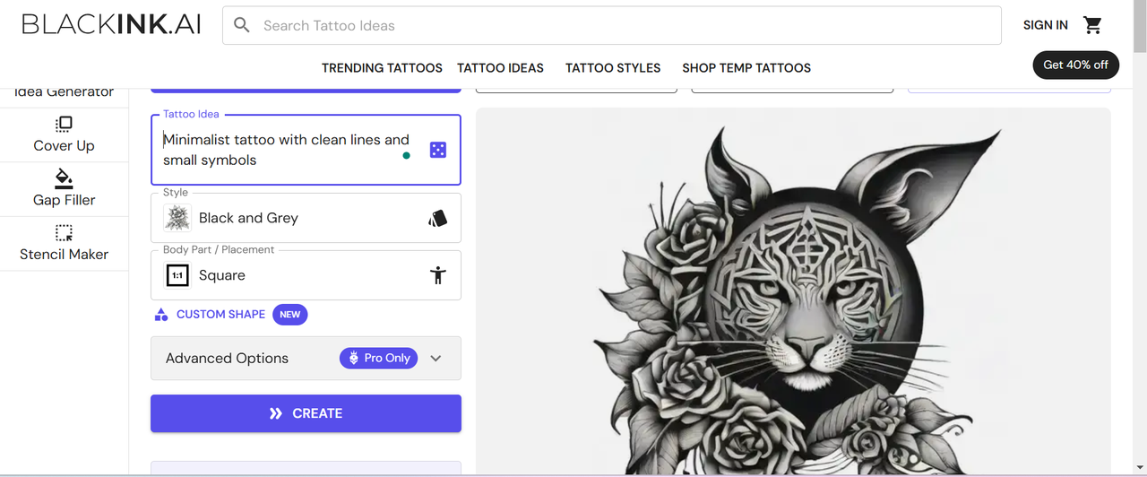 Interface of BlackInk AI - a well-known free online ai tattoo generator