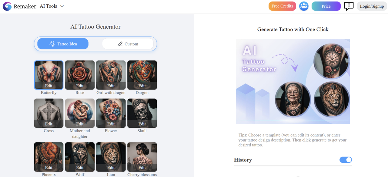 Interface of Remaker AI- the best AI tattoo generator available online