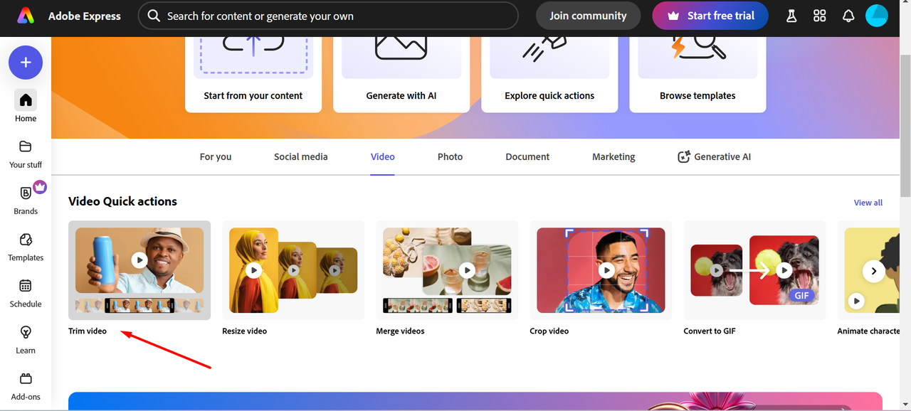 Selecting the video trimmer on Adobe Express