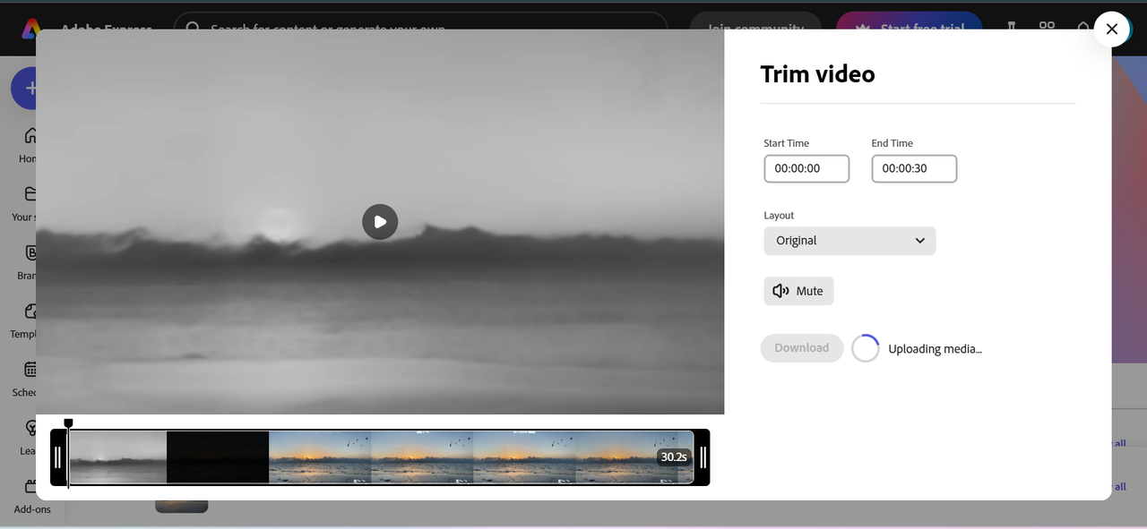 Uploading video to trim in Adobe Express