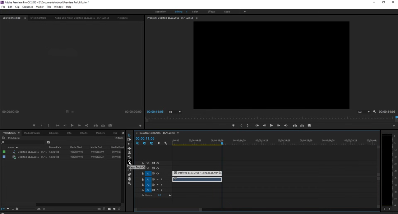 Cutting a video clip into sections with the Razor Tool in Adobe Premiere Pro