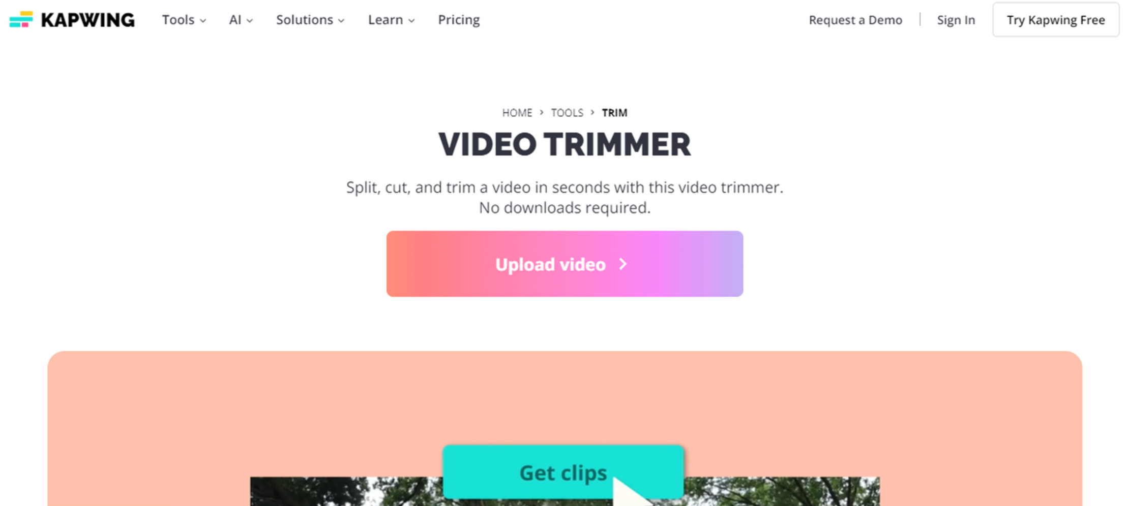 Uploading video in the Kapwing online video trimmer