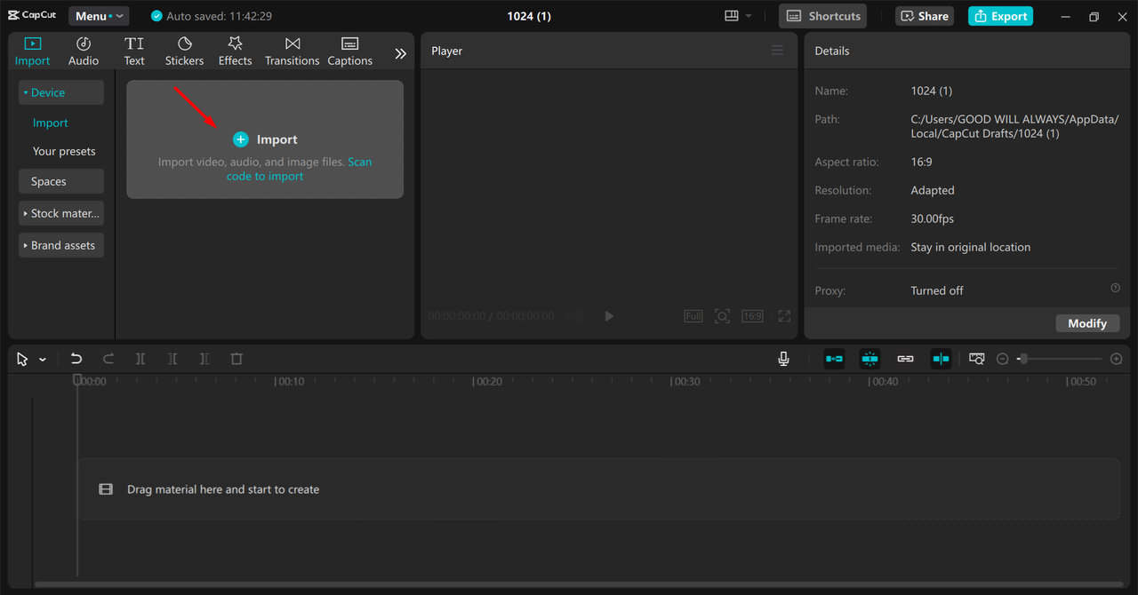 Uploading media in the CapCut desktop video editor