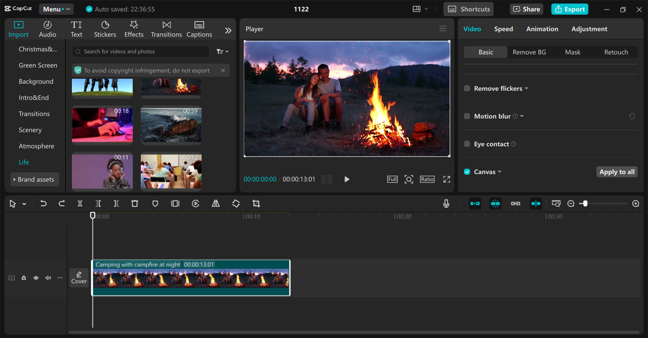 Editing interface of the CapCut desktop video editor - a well-known MKV video trimmer