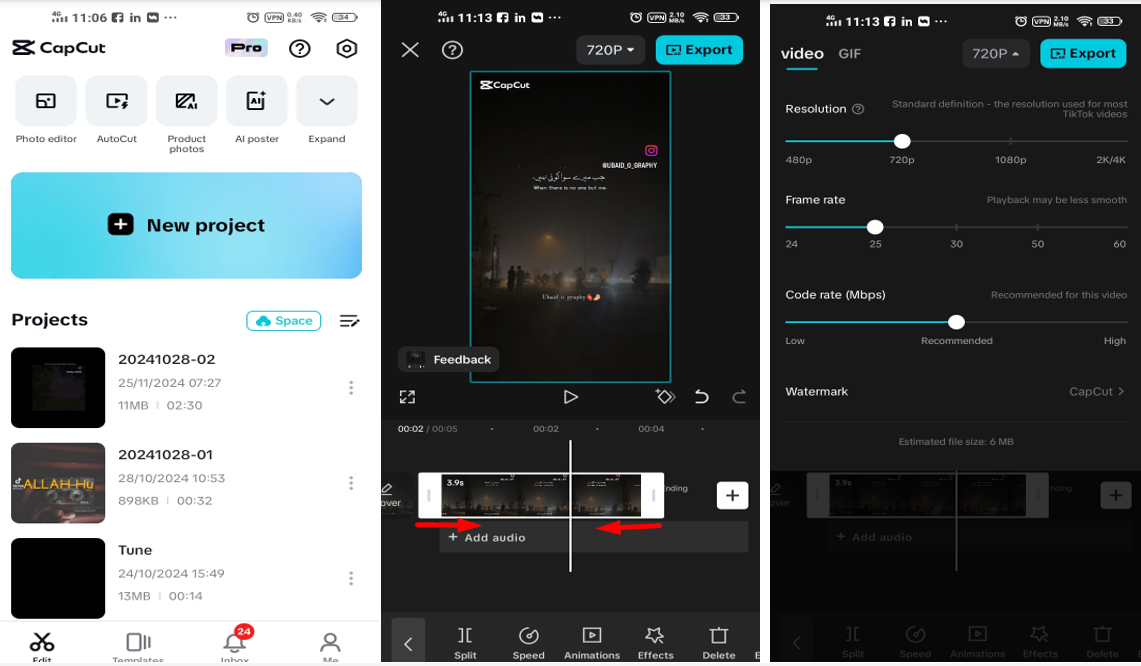 Interface of CapCut mobile - an effective MKV video trimmer for mobile