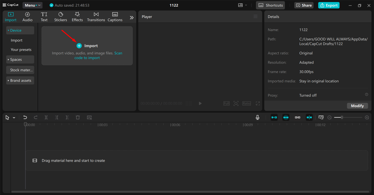 Importing the video into the CapCut desktop video editor