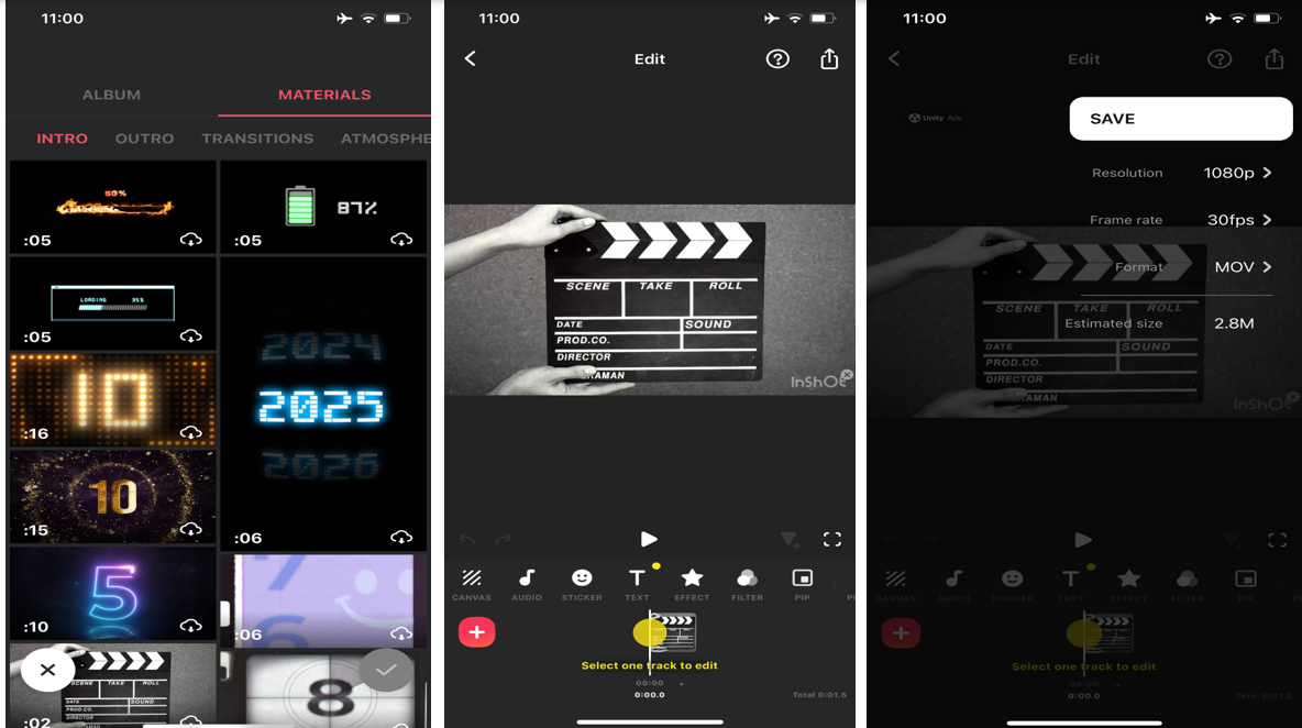 Interface of Inshot - an easy-to-use mobile app used for creating TikTok intro