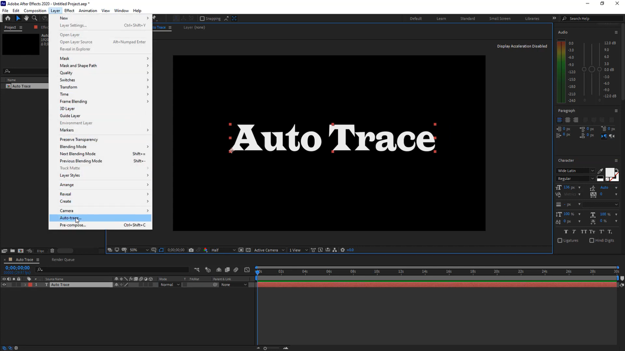 Selecting auto trace to create a mask in After Effects