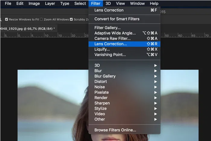 Opening the Lens Correction window in Adobe Photoshop