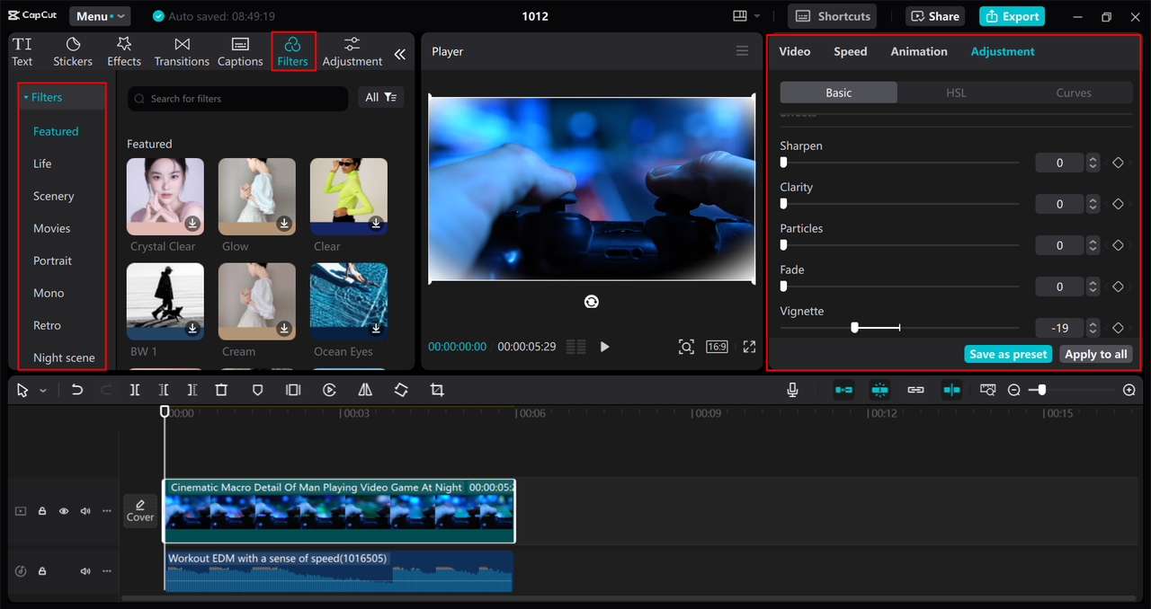 Applying the vignette effect to video in the CapCut desktop video editor