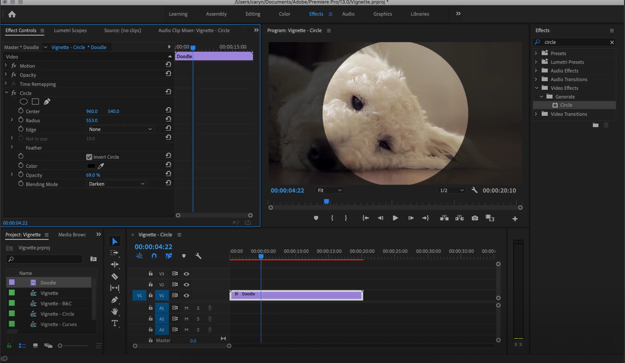 Showing how to add a vignette in Premiere Pro using a circular effect