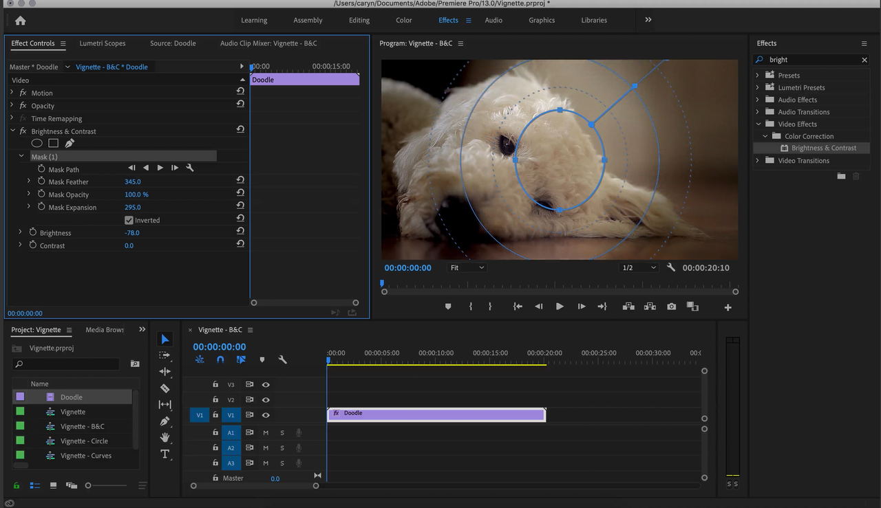 Making a vignette effect in Premiere Pro with contrast, brightness, and mask