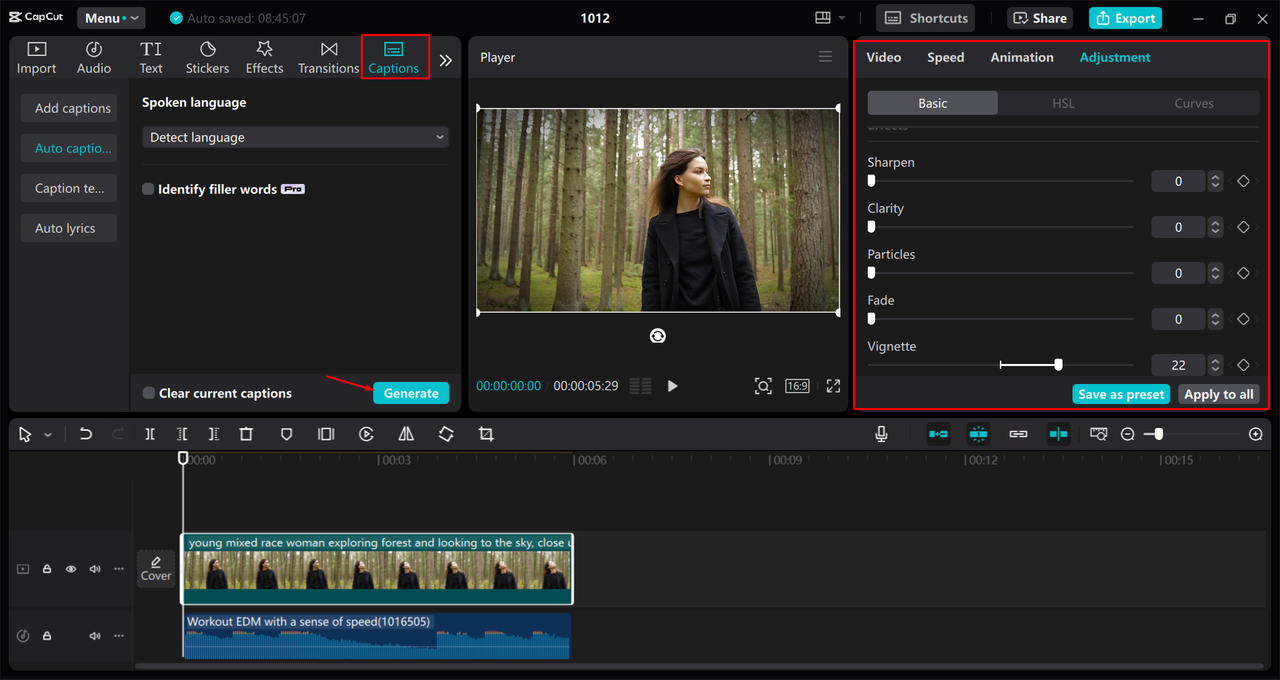 Adding a vignette effect and editing video in the CapCut desktop video editor