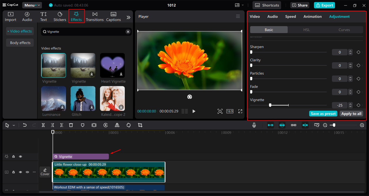 Adding a vignette effect to videos in the CapCut desktop video editor