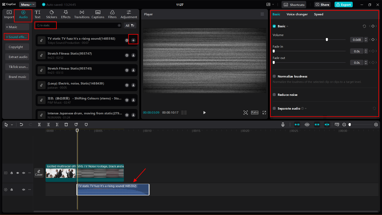 Showing CapCut interface of applying static TV sound effects to video