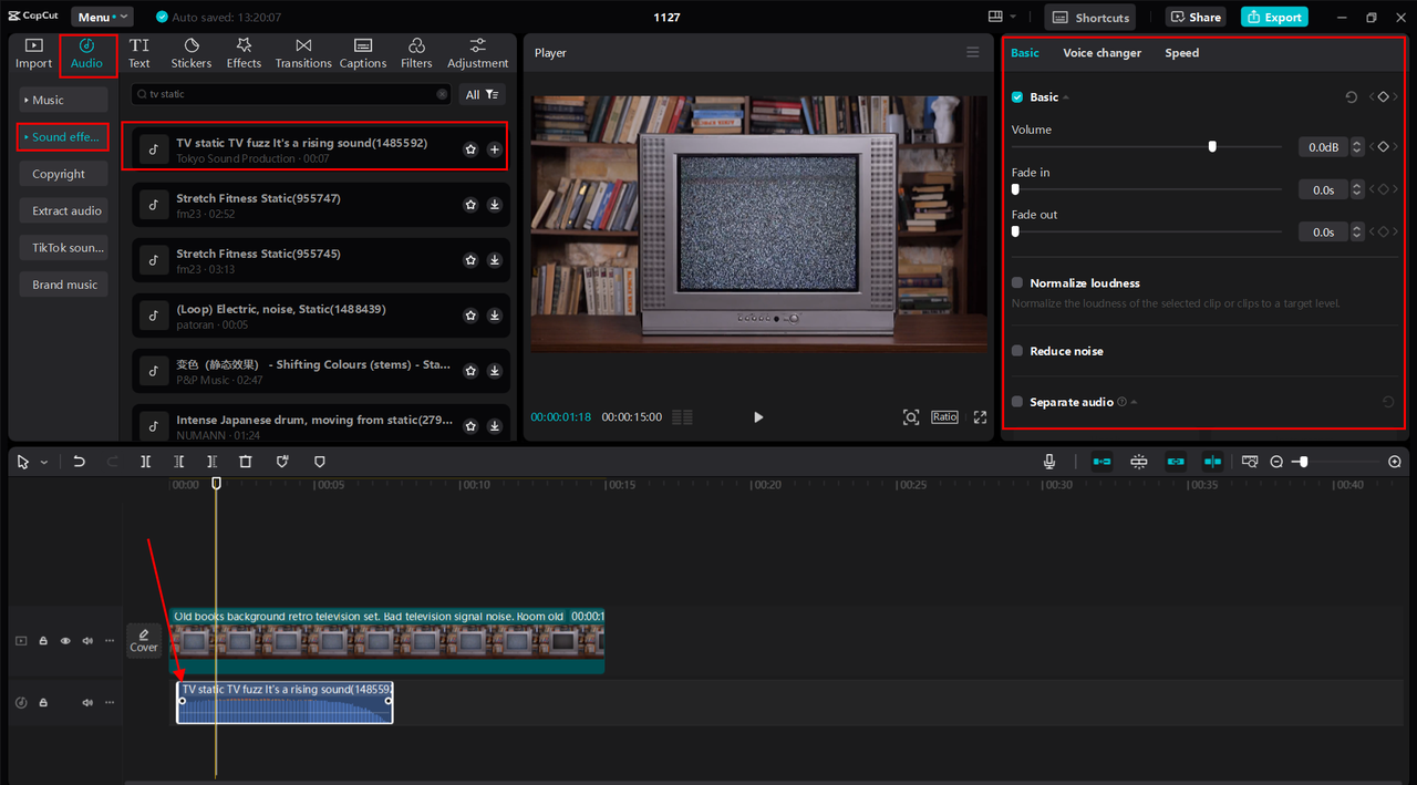 Applying tv fuzz static sound effect to video using CapCut 