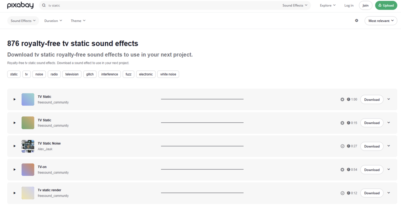 Pixabay offers a list of royalty-free TV static sound effect