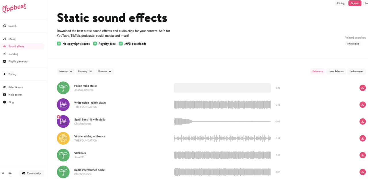 Uppbeat has a selection of free TV static sound effects