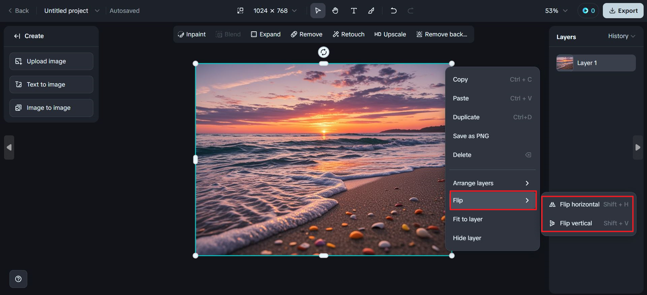 Dreamina photo editor rotate or flip function