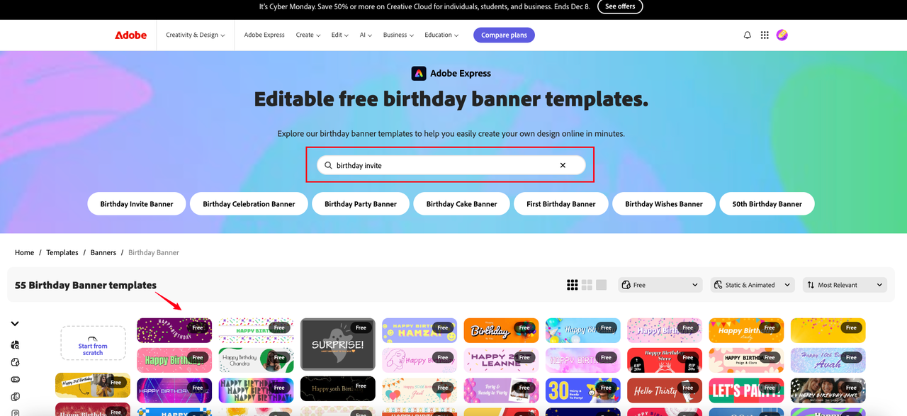 Adobe Express banner background happy birthday templates