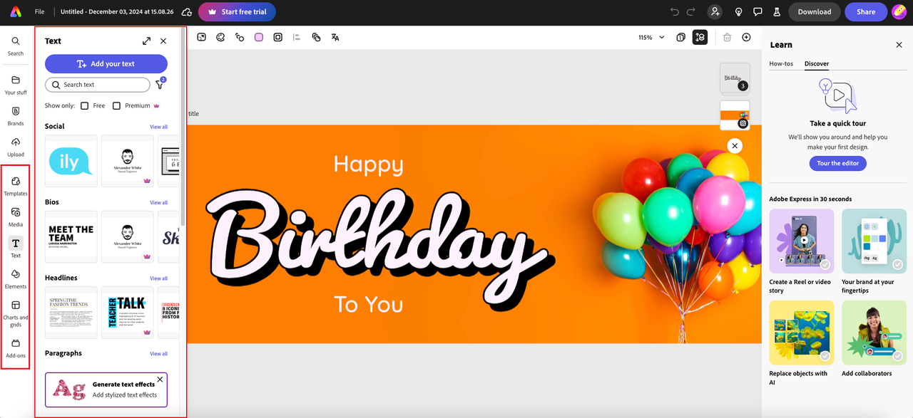 Birthday banner edit background in Adobe's editor