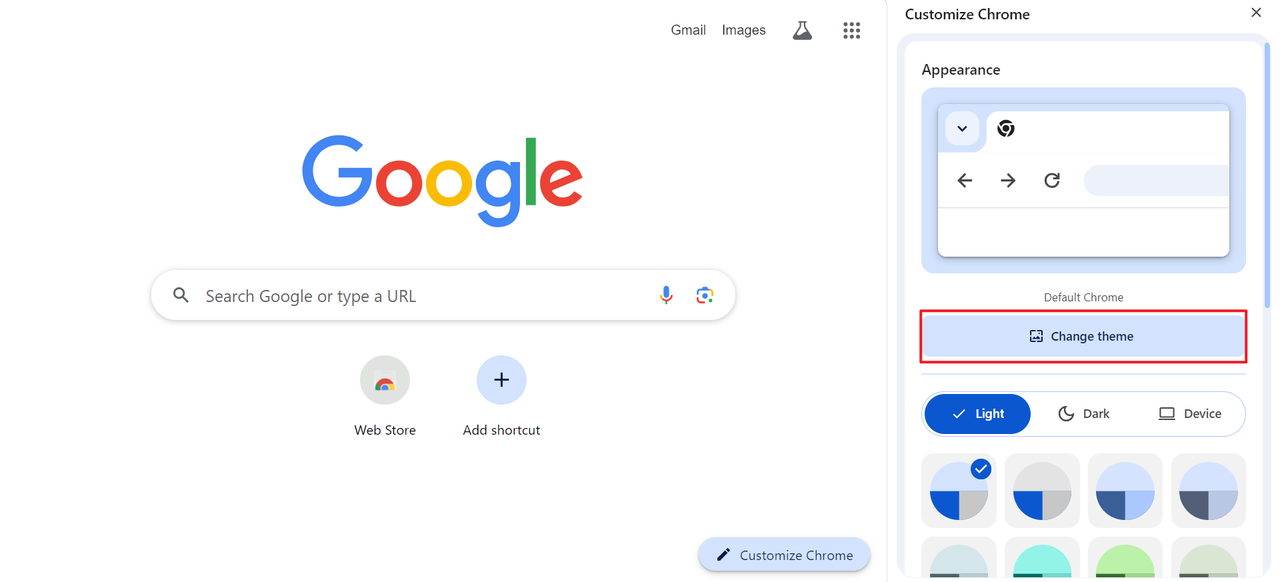 How to customize Google background: Click Change theme