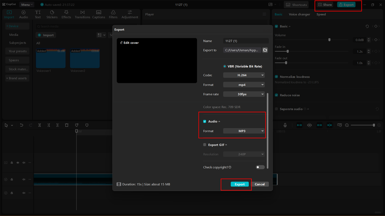 Exporting or sharing the audio from CapCut