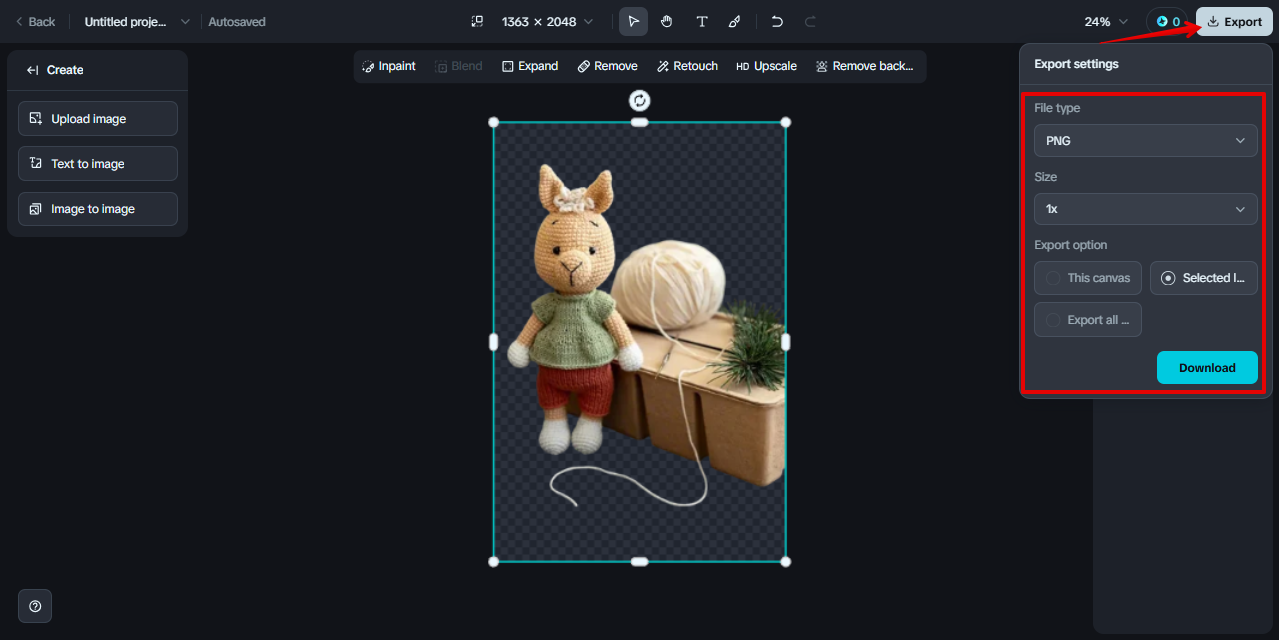 exporting image with transparent background from Dreamina