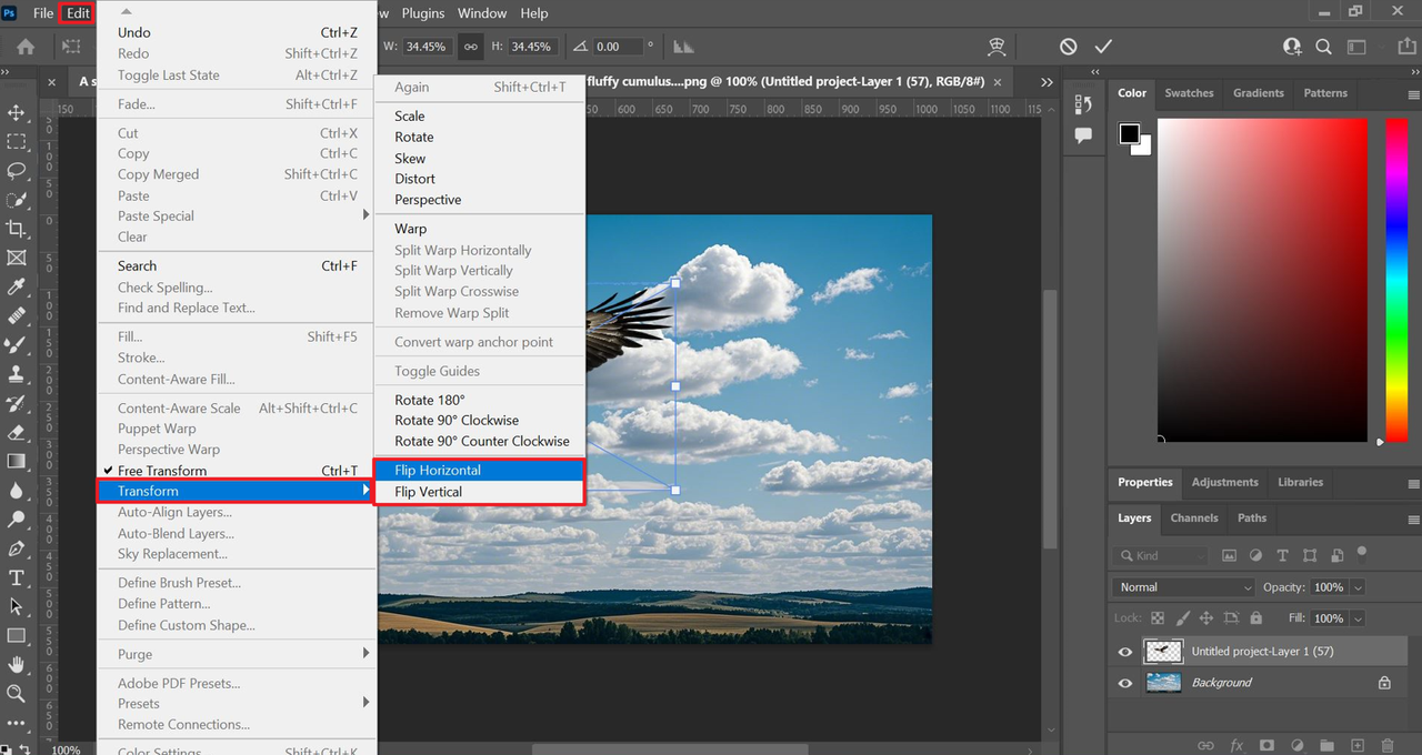 How to flip the image in Photoshop: Use the Transform tool