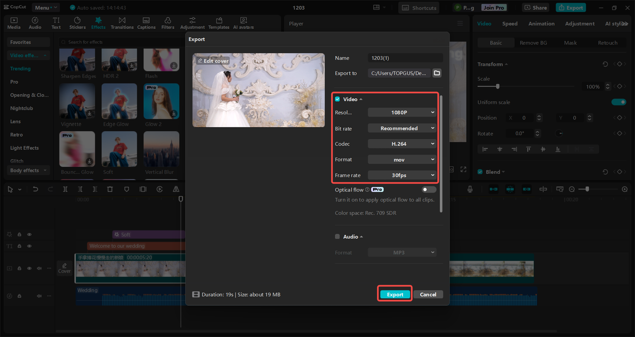 Finalize wedding video settings