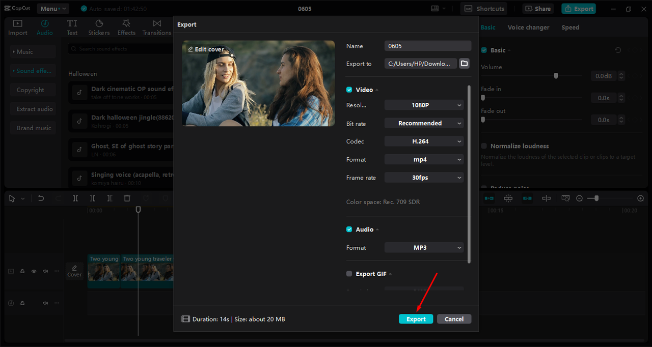 Exporting the edited video in the CapCut desktop video editor