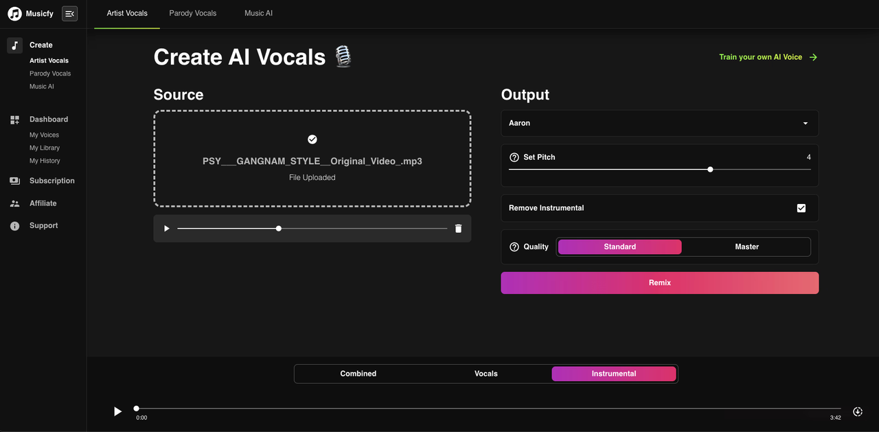 Interface of Musicfy - the perfect online AI song voice changer