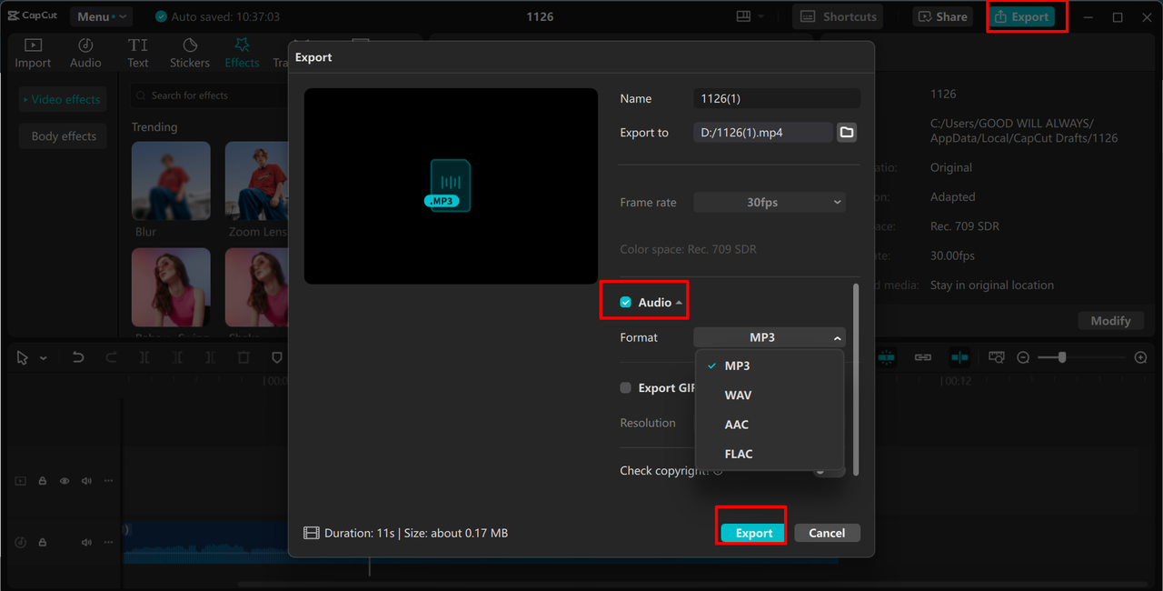 Changing the voice recording to MP3 in the CapCut desktop video editor