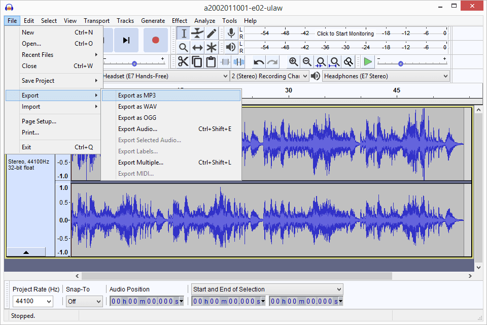 Interface of Audacity, a reliable tool that converts sound recording to MP3