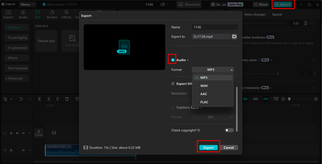 Interface showing how to convert a voice memo to an MP3 format in CapCut desktop video editor