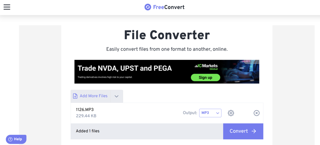 Interface showing how to convert voice memo into MP3 in FreeConvert