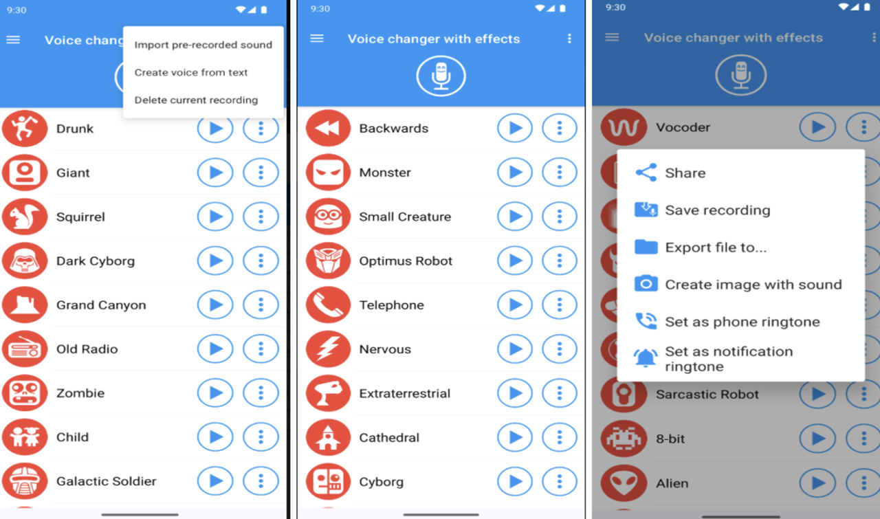 Interface of Voice changer with effects - a robust voice changer for Instagram reels