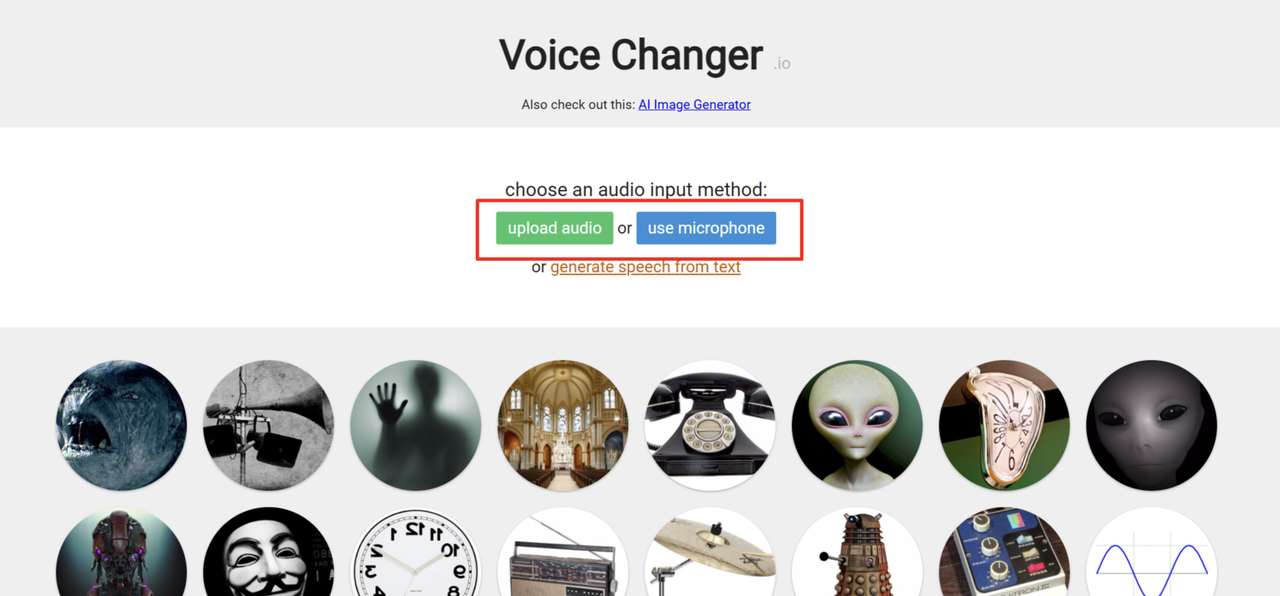 Uploading or recording the audio to change its voice in VoiceChanger.io