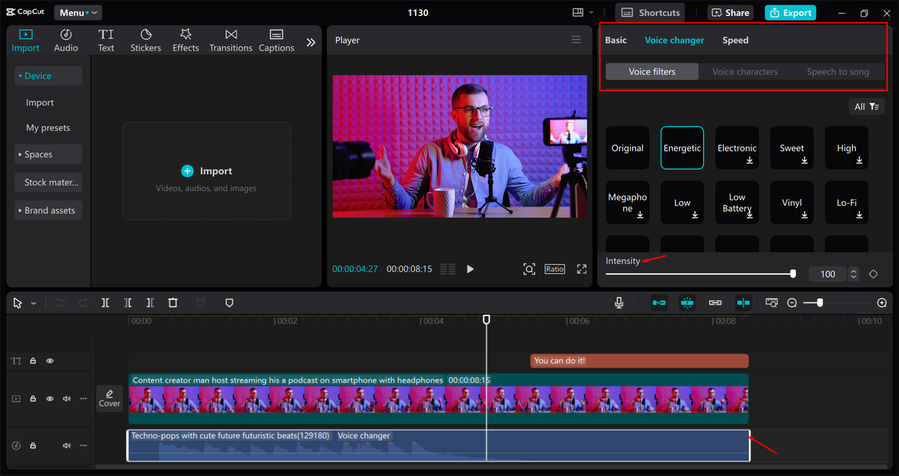 Using the AI voice changer in the CapCut desktop video editor