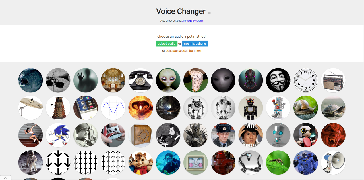 Interface of Voicechanger.IO - a free voice changer with versatile voice filters