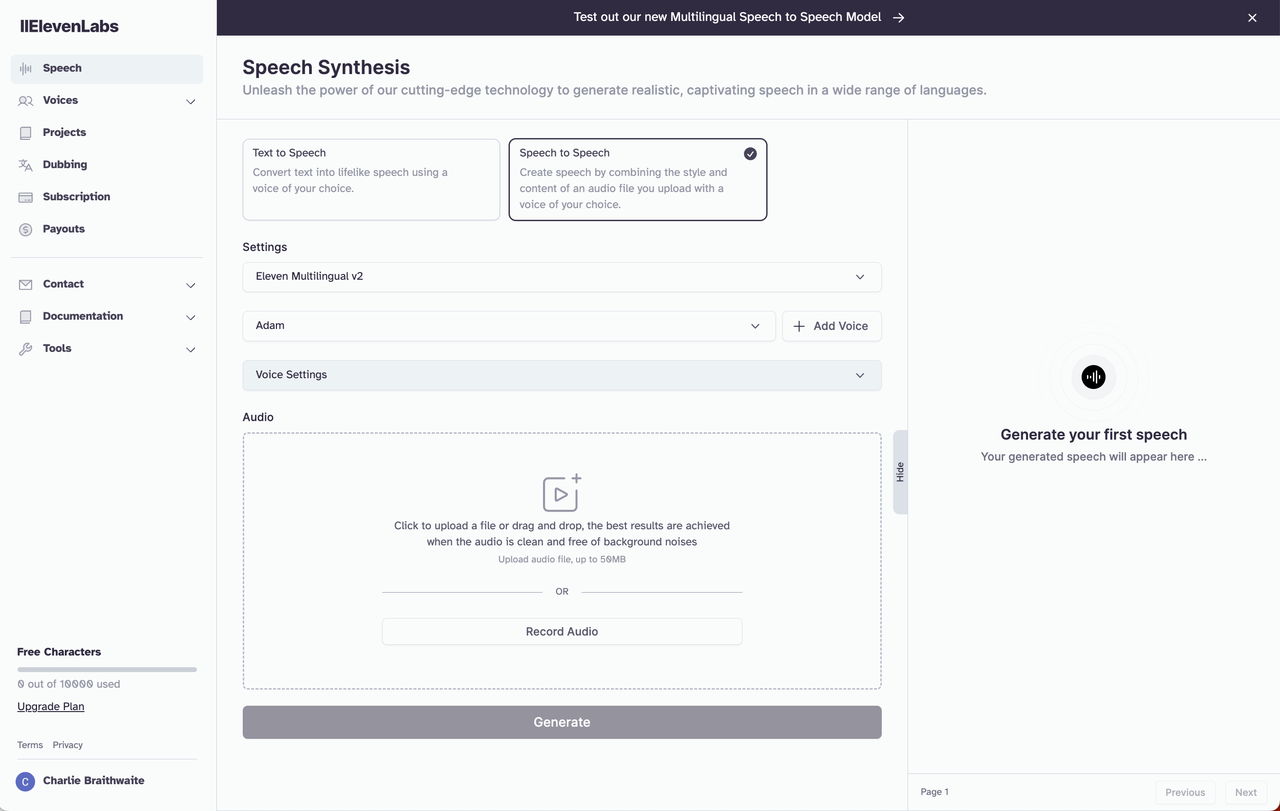 Interface of ElevenLabs - a user-friendly and free online voice changer