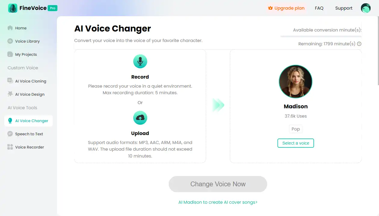 Interface of FineVoice - an ideal and free realistic voice changer