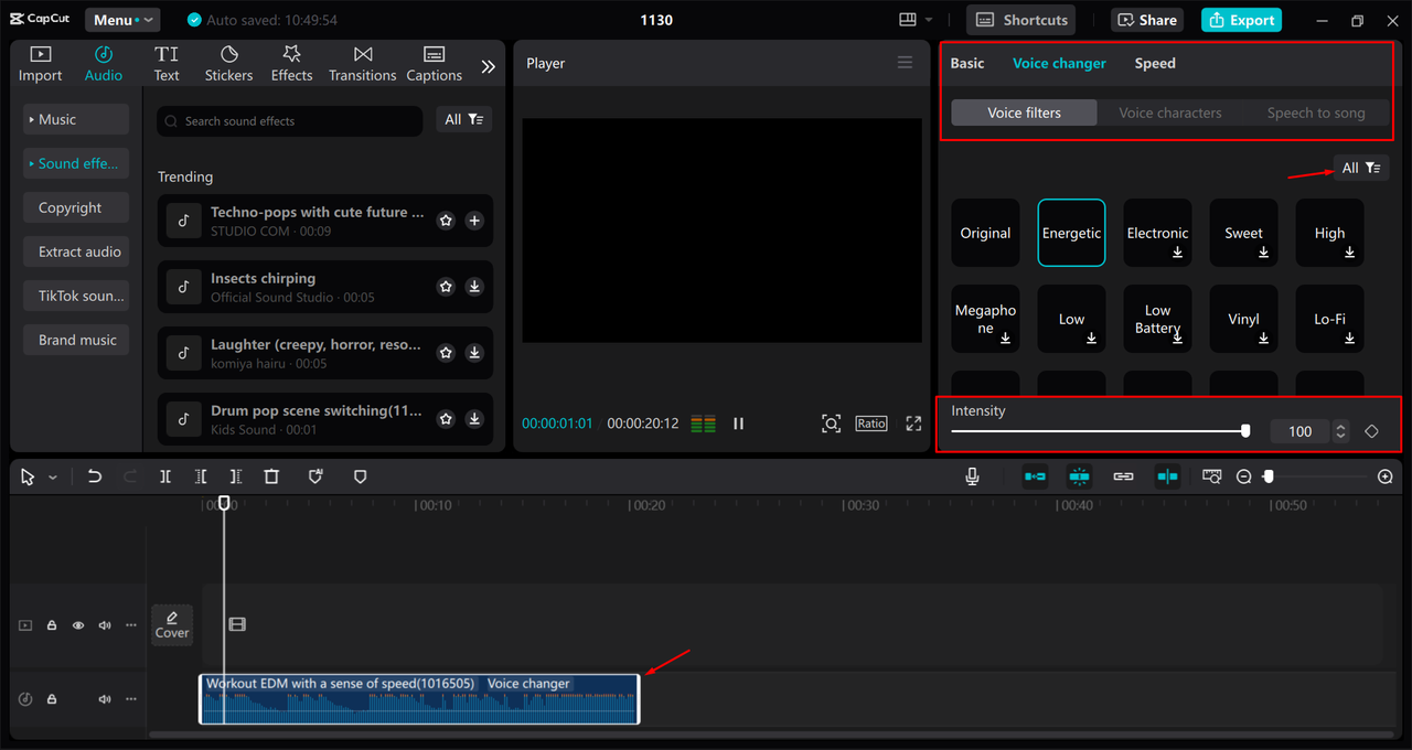 Applying the voice characters to an audio in the CapCut desktop video editor