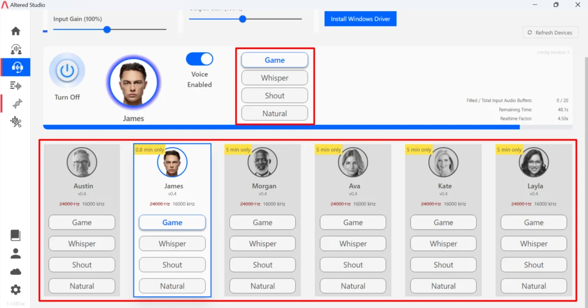 Interface of Altered.AI - the perfect real-time AI voice changer