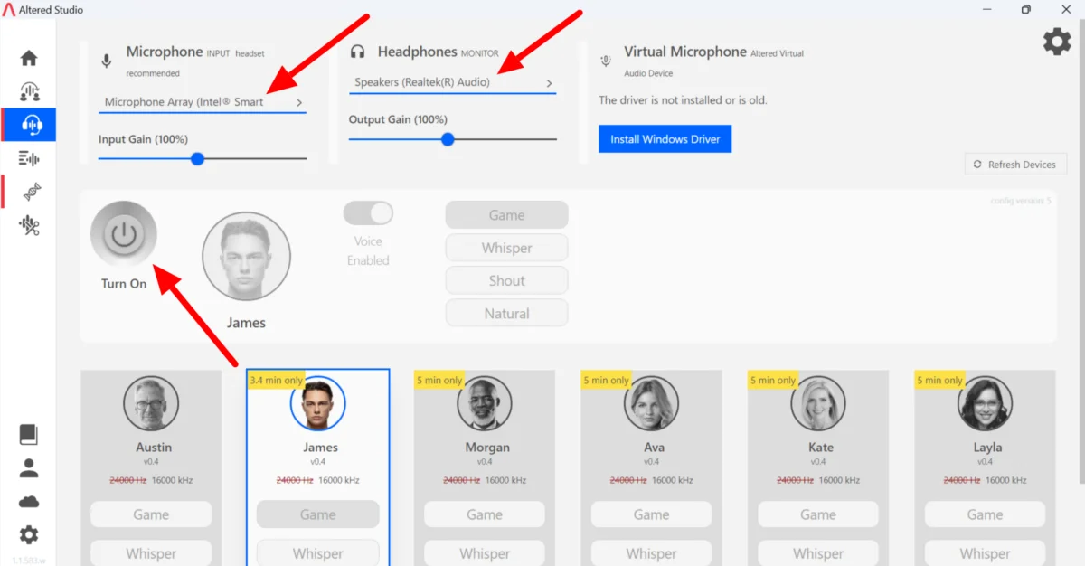 Using the real-time AI voice changer in Altered.AI